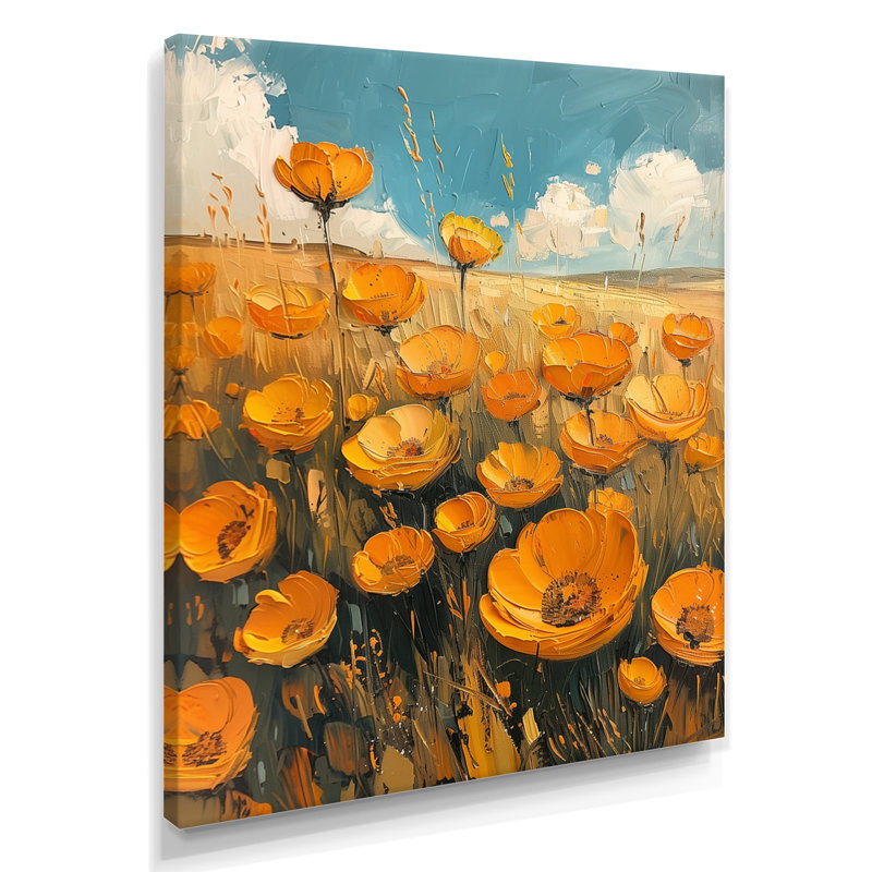 Orange bleu, bouton d'or Meadow Bliss - Buttercups, art mural, Toile tendue, H 20 po x l 12 po x P 1 po