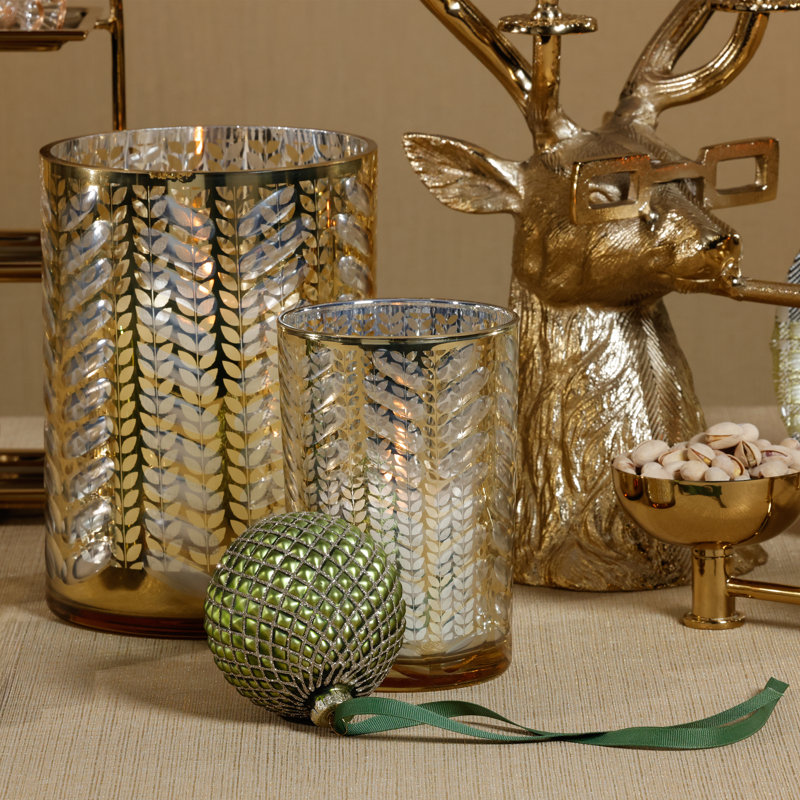 Laser-Etched Metallic Glass Hurricane Candle Holder, Gold, 7" H x 4.75" W x 4.75" D