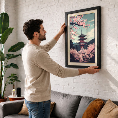 Pagoda Under Blossom Japandi - Framed Print