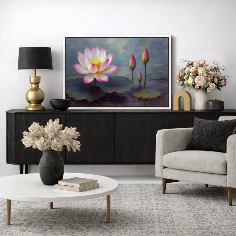 Art de lotus en fleurs, images de l'étang tranquille, White Frame, H 16 po x l 24 po x P 1,5 po