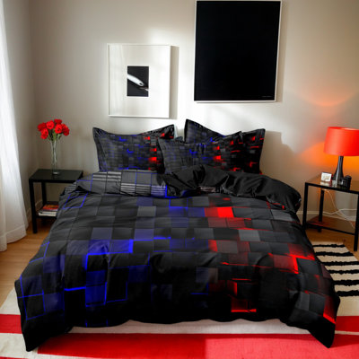 Shenglei Blue, Red and Black Geometric Block Print Microfiber Duvet Cover Set with 2 Pillowcases, Queen, 3-Piece (Inserts Not Included)