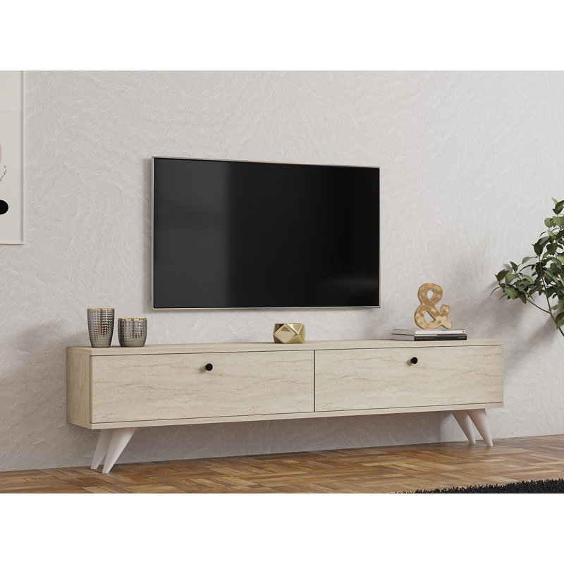 Meuble télé moderne avec de nombreuses tablettes de 63,0 po x 15,7 po x 15,7 po | 100% panneau de particules enduit de mélamine, épaisseur: 0,7 pouce | Rangement supplémentaire et pieds en plastique robustes, conception scandinave
