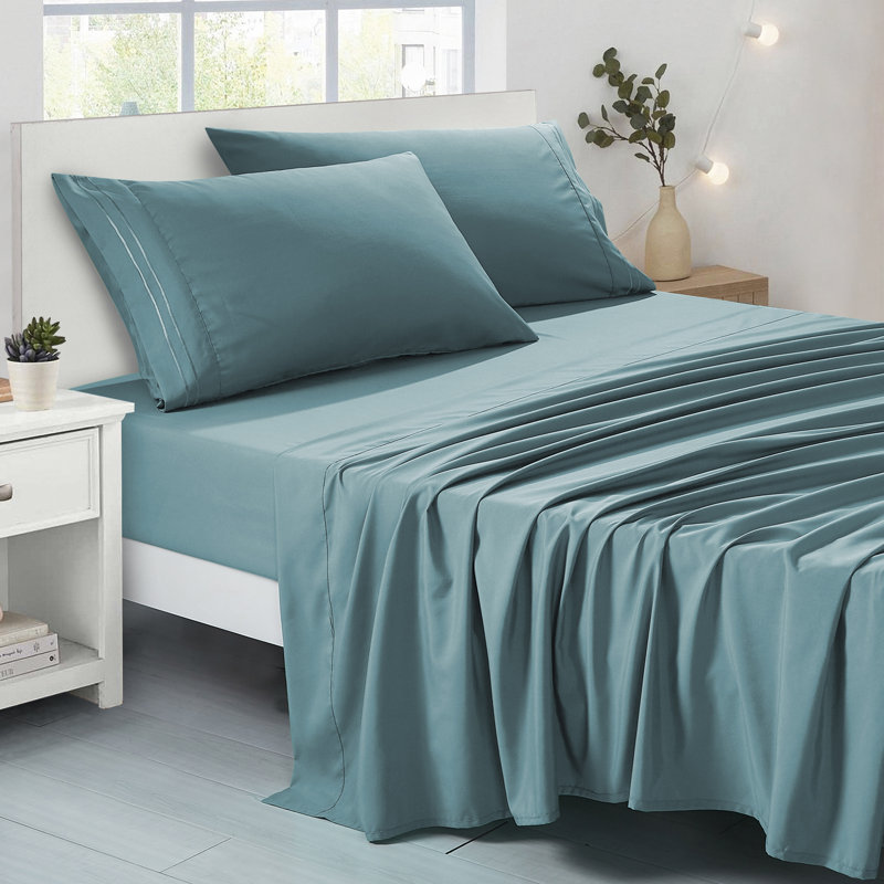 Ensemble de draps en microfibre Jcrown, Ensemble de draps pour grand lit avec 2 taies d'or, Bleu