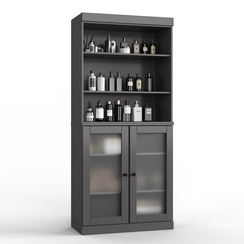 Armoire de salle de bain 100% bois massif 32 po avec portes en verre givré et tablettes réglables, Gris