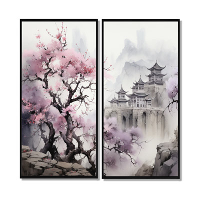 Pink Floral Japanese Panorama Landscape I - Landscapes Japan Wall Decor