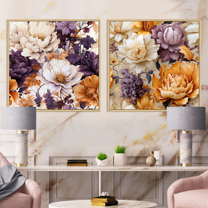 Celine - Ensemble de 2 collages carrés floraux, Cadre flottant brun, H 30 po x l 61 po
