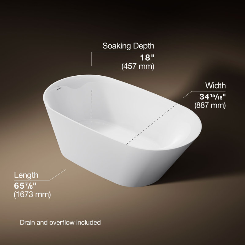 Brazn 34.94" x 65.87" Freestanding Soaking Acrylic with Bath Tub, White