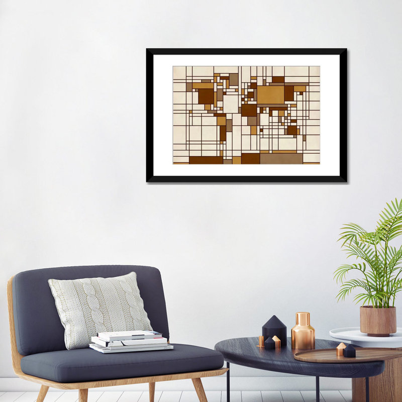 Carte du monde abstraite, style Mondrian, impression sur toile, H 16 po x l 24 po x P 1 po, Papier avec cadre noir, Blanc