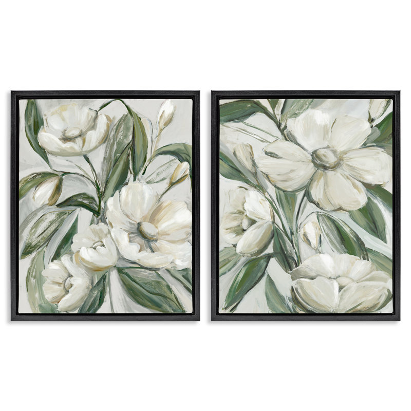  Ensemble de 2 toiles flottantes encadrées "White Blossoms & Leaves" par Hannah Dawson, Cadre flottant noir de jais