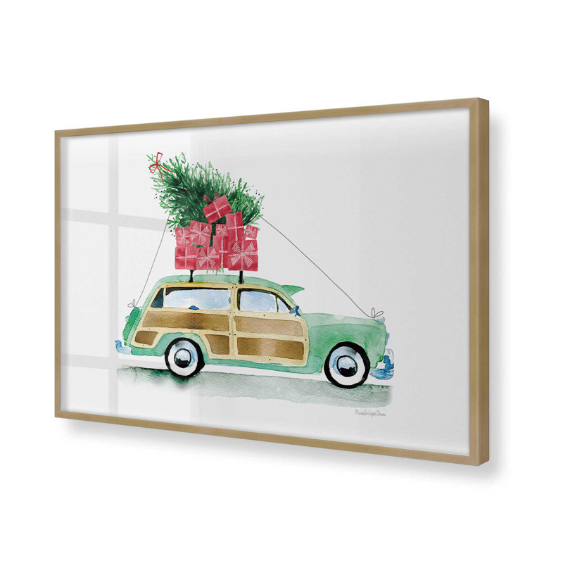 Impression de voiture de Noël rétro, Cadre doré brossé, H 12,25 po x l 15,25 po