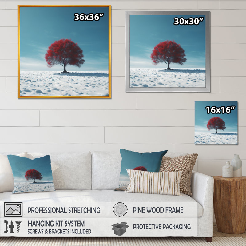 «Benigni Red Tree In Snow I», reproduction sur toile, Cadre photo noir, H 16 po x l 16 po x P 1 po