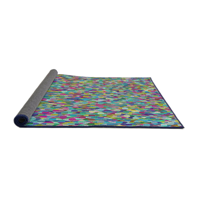 Tapis jaune/bleu/orange à motifs, Rond 4 pi