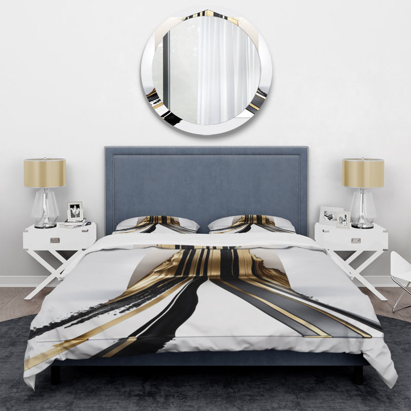 Black And Gold Cubic Expression V - Abstract Cubism Duvet Cover Set, Queen Duvet Cover + 2 Standard Shams