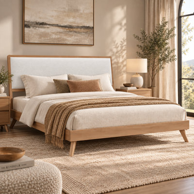 Renwick Queen Mid-Century Solid Wood Platform Bed with Boucle Headboard and Tapered Legs