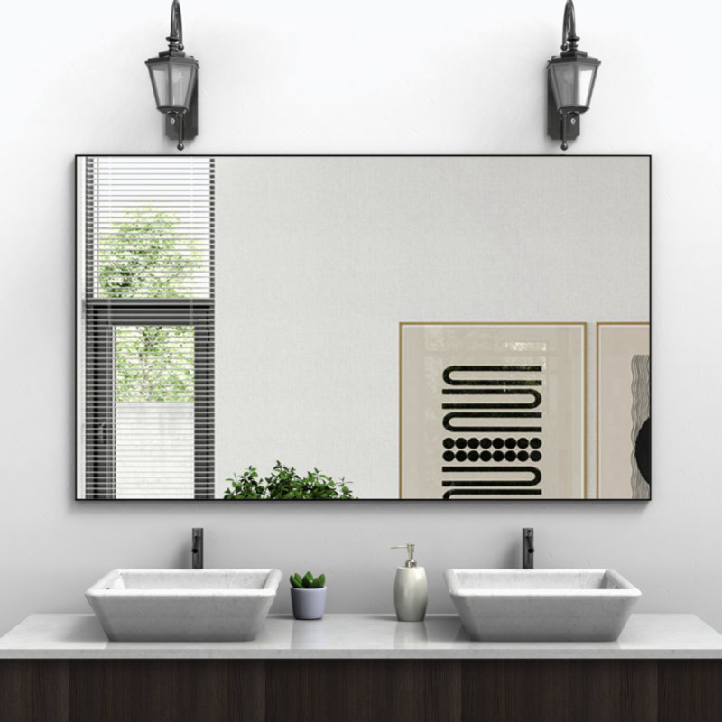 Oversized Modern Rectangle Bathroom Mirror with Aluminum Frame, Black, 32" x 48"