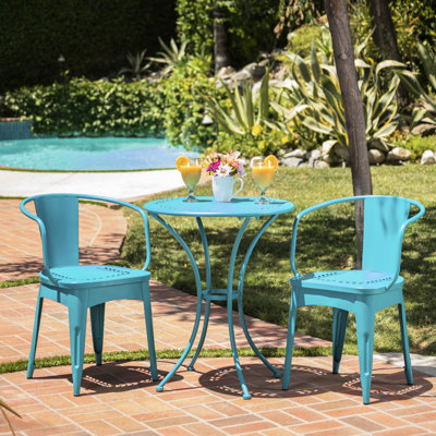 Ensemble de patio en métal turquoise 3 pièces (table et chaises en fer thermolaqué) pour 3 personnes, idéal pour un pique-nique en extérieur.