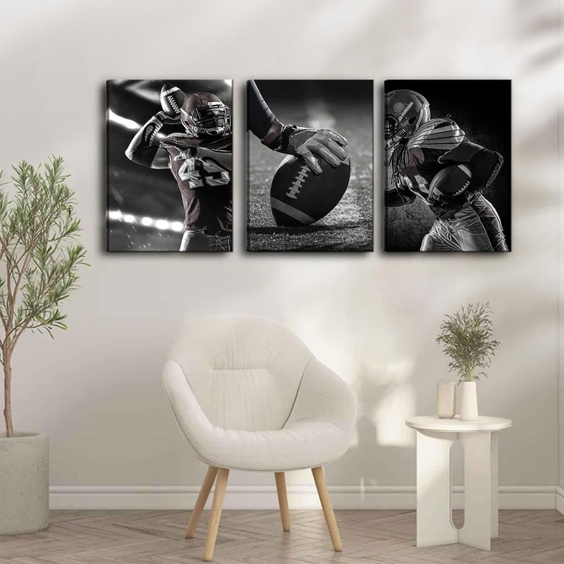 3Pcs Football Canvas Wall Art Black and White Sports Athletes Wall Decor Pictures American Rugby Posters Prints For living room Man Cave Boy Bedroom Locker Room Dorm Decoration