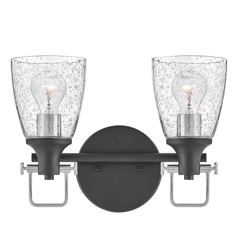 Easton Two-Light Bath Vanity Fixture w/ Clear Seedy Glass Shades, Black/Chrome