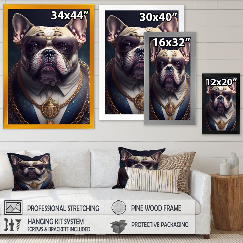 Mafia Frenchie I - Impression sur toile, Impression dorée sur toile encadrée, H 20 po x l 12 po x P 1 po