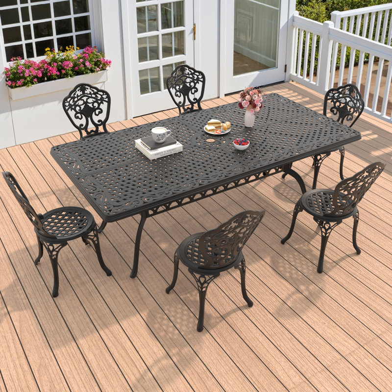 Ensemble de salle à manger 7 pièces pour table rectangulaire en aluminium moulé d'extérieur, chaise compacte (largeur du siège: 15,35 po), idéale pour les patios de jardin