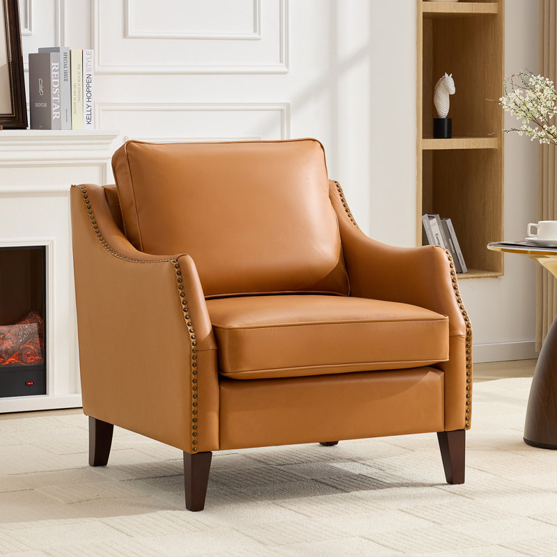 33.4" W Genuine Leather Upholstered Accent Armchair, Brown