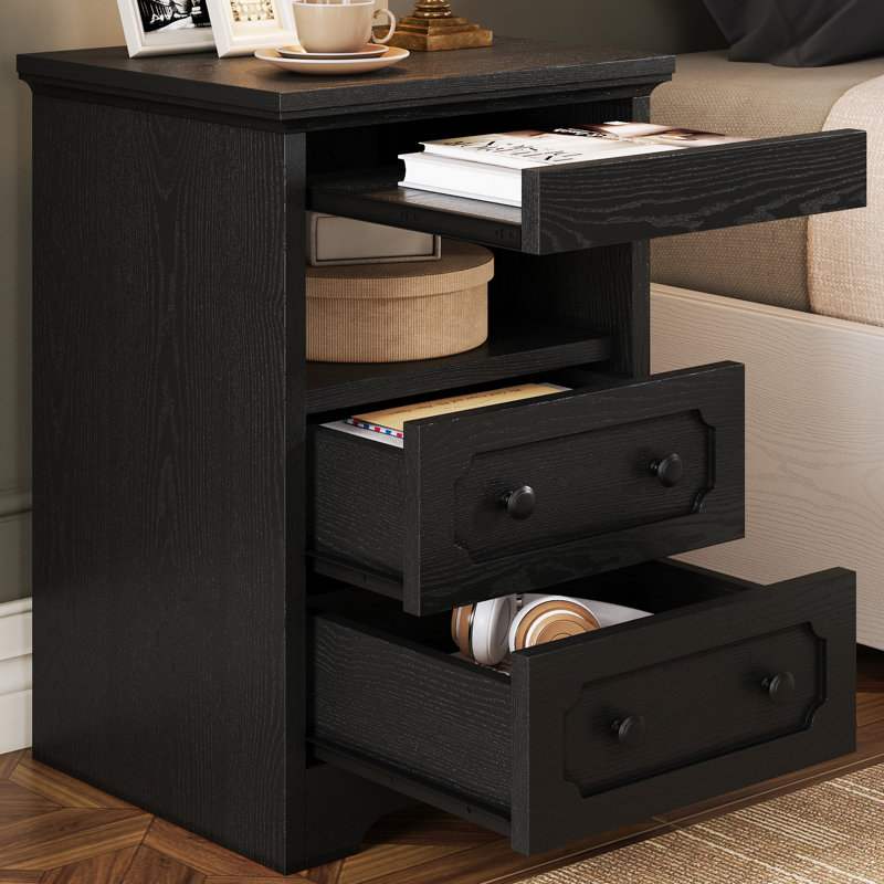 Nightstand With 2 Drawers And Pull Out Tray, Side Table With Open Shelf, Modern End Table For Bedroom, Living Room, Black