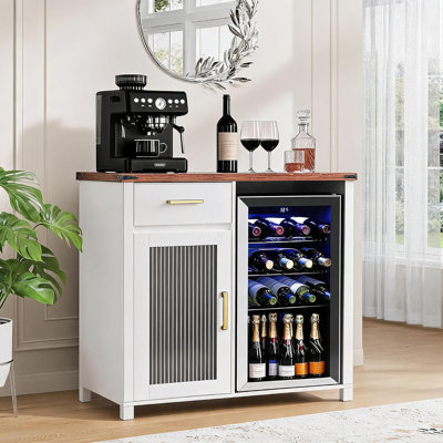 Coffee Bar Cabinet w/ Mini Fridge Space & Drawer, Wine Stand w/ Warm Brown Top, Beverage Organizer for Kitchen & Office, White, Acrylic door