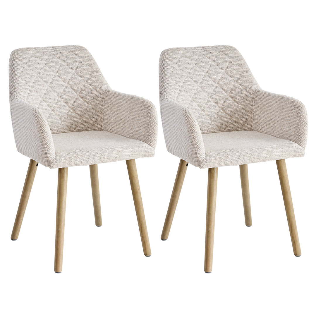 Modern Upholstered Dining Chairs With Arms, Linen Fabric Accent Chairs With Diamond Quilted Back And Wood Legs