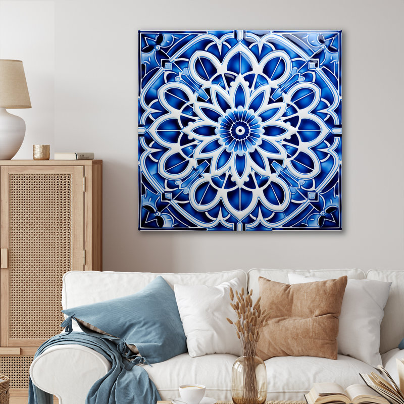 Carreaux marocains blancs et bleus - Impression sur toile géométrique abstraite, H 30 po x l 30 po x P 1,5 po