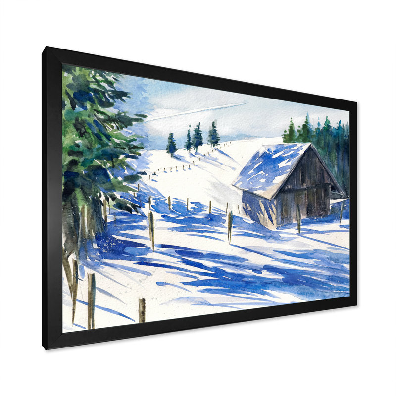 «Small Winter Farmhouse in Mountains», reproduction d'art sur toile, Cadre photo noir, H 8 po x l 12 po x P 1 po