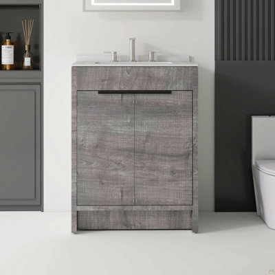 Meuble-lavabo sur pied 36 po avec lavabo, porte à fermeture en douceur, comptoir en granite blanc 0,6 po et dosseret, contreplaqué, gris