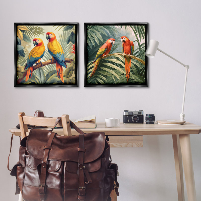  «Resting Parrots Parmi Jungle», ensemble de 2 toiles flottantes encadrées par Steve Hunziker, H 25 po x l 25 po