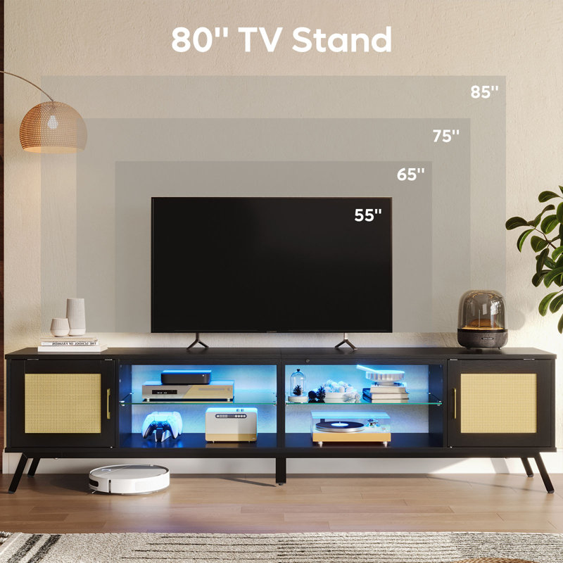 203cm Tv Stand With Led for Tvs Up to 85", Rattan Entertainment Center with Cabinets and Open Compartments, Black