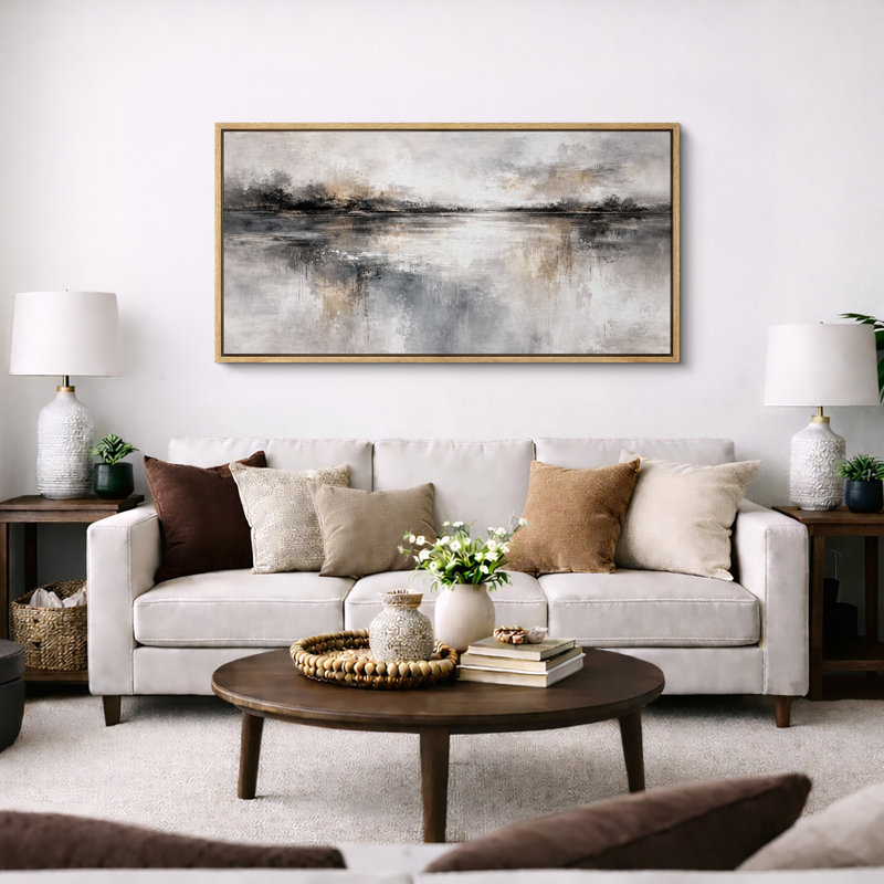 «Abstract Neutral Grey Misty Reflection», œuvre d'art moderne sur toile encadrée, impression sur toile, Cadre naturel
