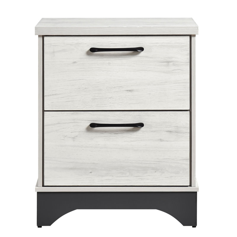 Armoire de chevet 2 tons moderne en chêne blanc et gris, glissière de tiroir lisse, poignées de ton noir, table de chevet contemporaine déjà assemblée avec 2 tiroirs, finition grise