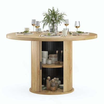 Round Dining Table For 4 People, Small Wood Kitchen Table With Sturdy Metal Base, Modern Round Dinner Table For Dining Room, Easy Assembly