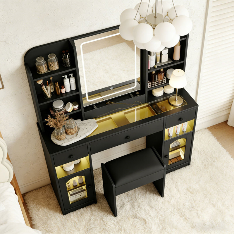 Bureau de coiffeuse 43,2 "avec miroir à DEL et tablettes de rangement et tabouret pour la chambre à coucher, Noir