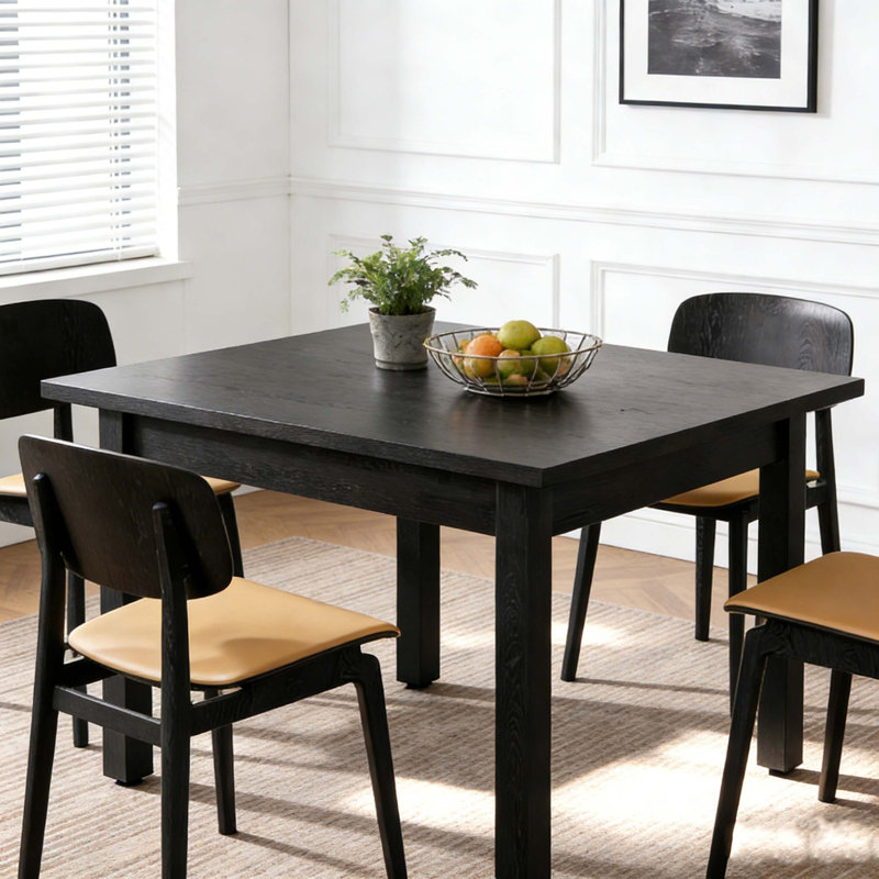 Table de salle à manger carrée avec pieds en bois massif pour la cuisine, Noir