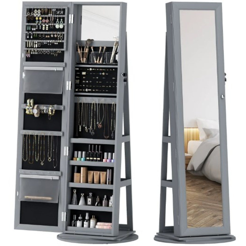 Miroir robuste, miroir pivotant sur 360 °, avec tablettes de rangement, Gris