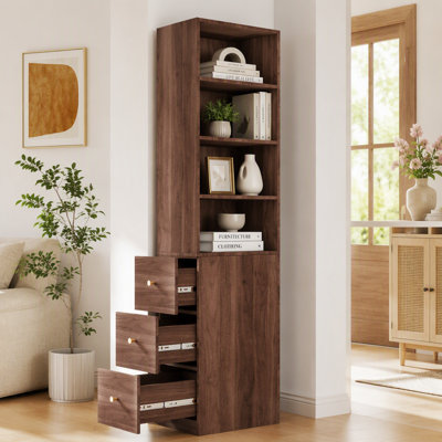 Modern Wooden Display Storage Cabinet with 4-Tier Shelves and 3 Side Drawers, Ideal for Living Room, Home Office and Various Spaces