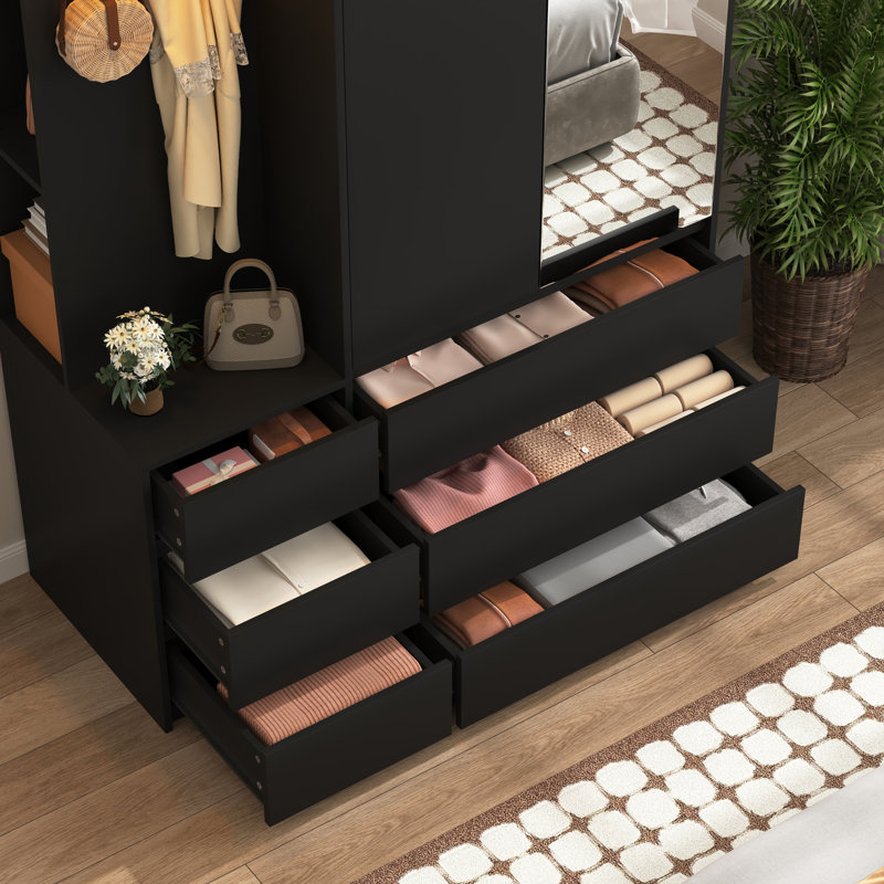 Garde-robe avec 2 portes, 6 tiroirs et tablettes de rangement, Noir mat