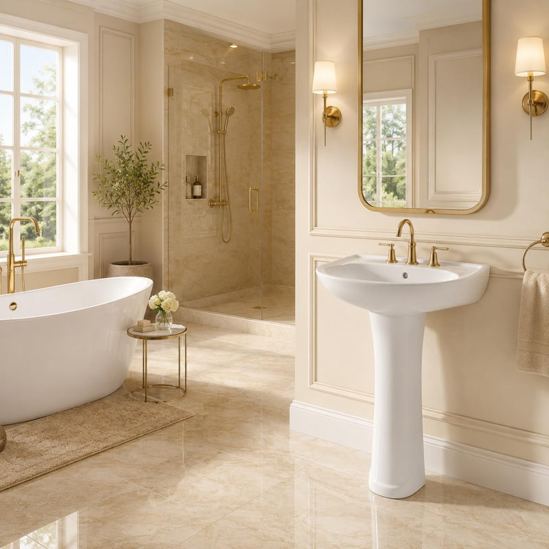 White Ceramic Pedestal Bathroom basin - Freestanding Column Lavatory Basin, Gloss Finish, 4 in. 3-Hole Faucet Drilling for Powder Room - 4 inches 3 holes
