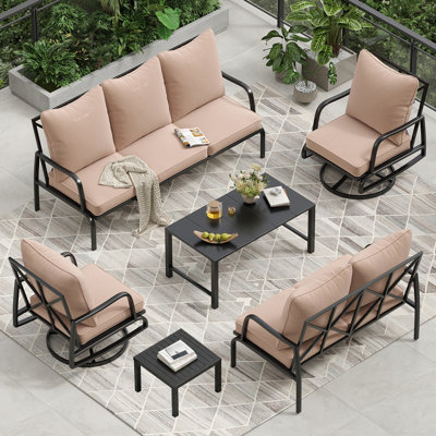 Ensemble de conversation en métal pour 7 personnes avec 2 chaises longues pivotantes en métal
