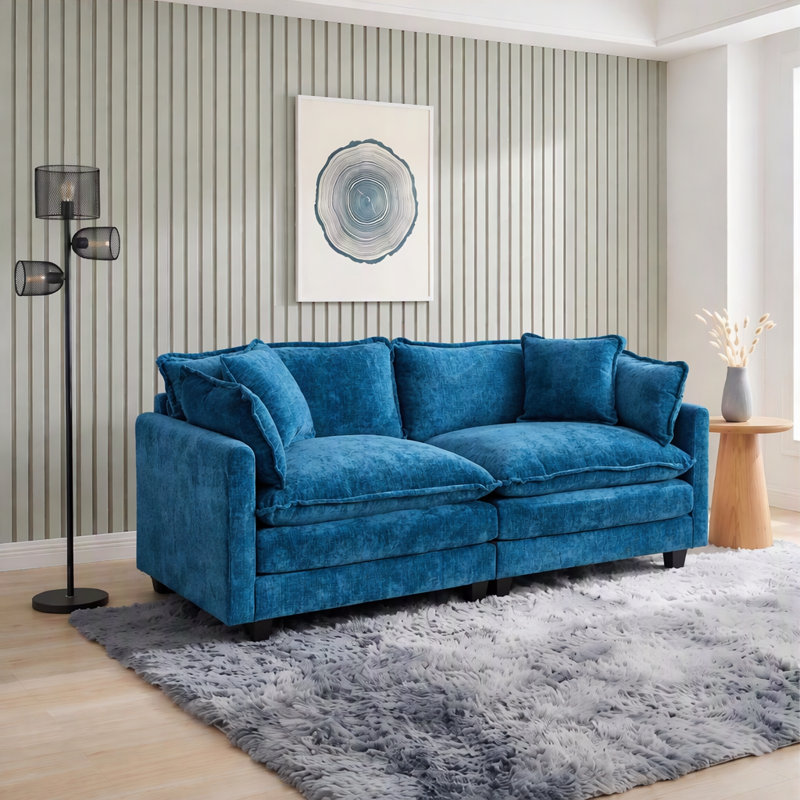 114 " Chenille Sectional Sofa, Blue Chenille, 33" H x 78" W x 35" D
