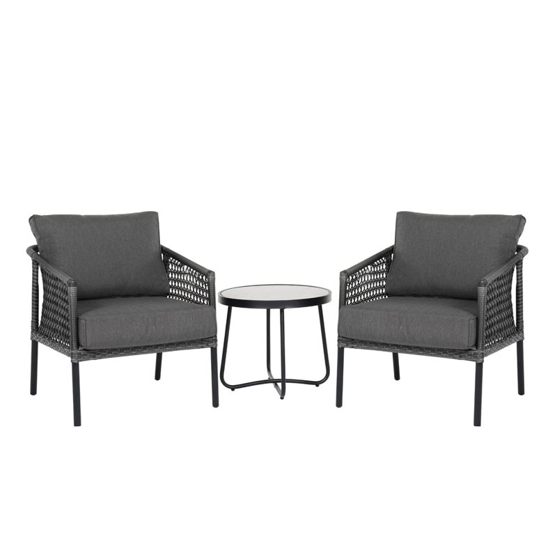  Ensemble de conversation d'extérieur en osier de polyéthylène tissé à la main 3 pièces pour patio avec coussins en oléfine et table basse