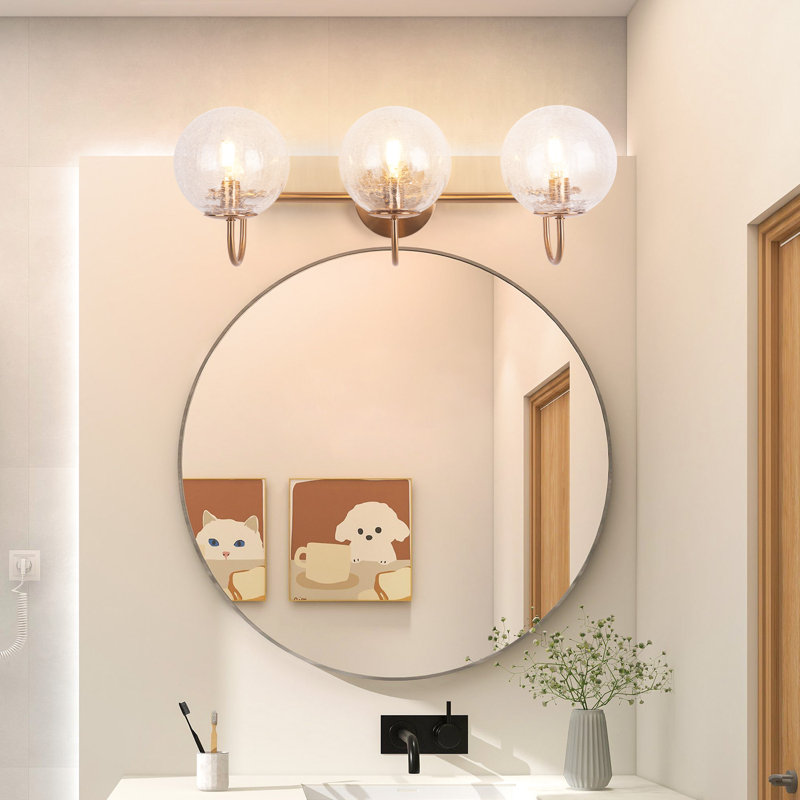 Modern 3-light Wall Sconce, 23 In., With Brass And Cracked Glass Globe Shade For Bedroom, Bathroom Lighting. Bulb Not Included