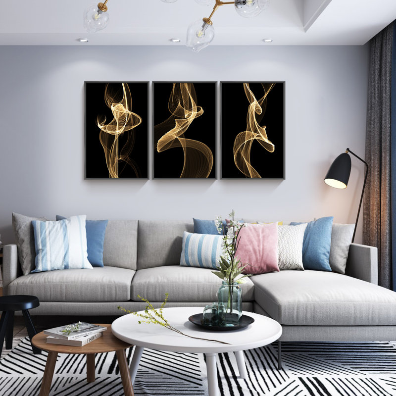 Abstrait, art mural, ensemble de 3 reproductions d'art sur toile encadrées, H 24,3 po x l 48,3 po x P 1,65 po, Noir