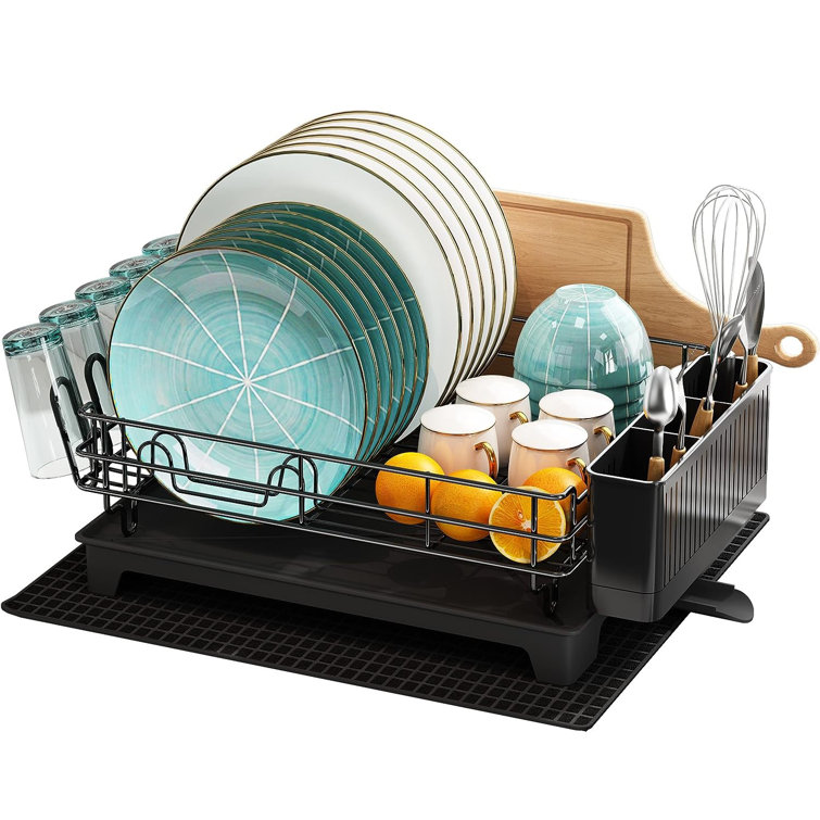 Dish Drying Rack-2 Tier Stainless Steel Large Dish Rack with Drain Board  for Kitchen Counter Drainage, Dish Drainers with Wine Glass Holder, Utensil  Holder and Extra Dryer Mat,black 