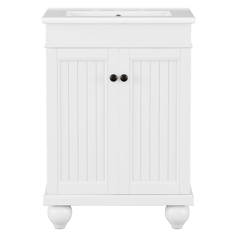 24" White Solid Wood Bathroom Vanity with Ceramic Sink