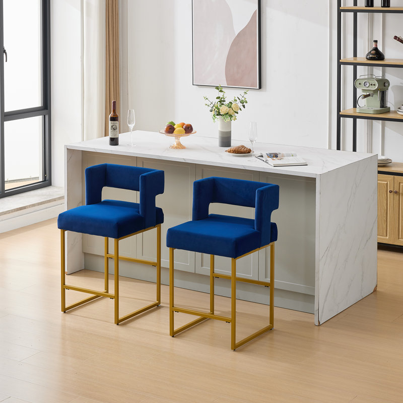 Tabouret de comptoir rembourré de 26 po avec structure en métal (ensemble de 2), Doré, Bleu